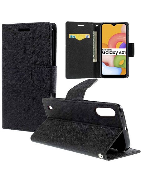 CUSTODIA per SAMSUNG GALAXY A01 (SM-A015) - FLIP ORIZZONTALE CON STAND, INTERNO IN TPU SILICONE E PORTA CARTE COLORE NERO