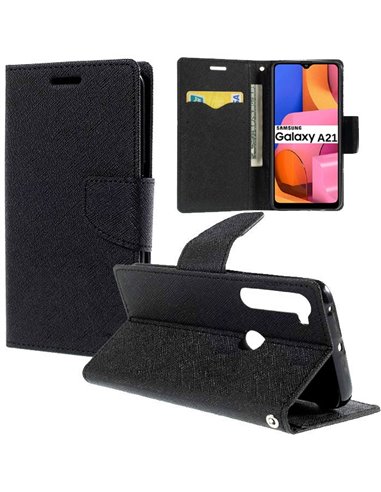 CUSTODIA per SAMSUNG GALAXY A21 (SM-A215) - FLIP ORIZZONTALE CON STAND, INTERNO IN TPU SILICONE E PORTA CARTE COLORE NERO