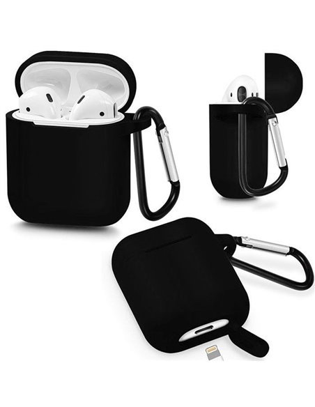 CUSTODIA IN GEL TPU SILICONE PER APPLE AIRPODS (1Âª/2Âª GEN) CON MOSCHETTONE E FORO PER RICARICA COLORE NERO BLISTER