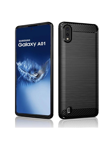 CUSTODIA per SAMSUNG GALAXY A01 (SM-A015) IN GEL TPU SILICONE EFFETTO METALLICO CON INSERTI IN FANTASIA CARBONIO NERO