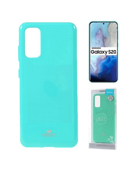 CUSTODIA per SAMSUNG GALAXY S20 (G980/G981) IN GEL TPU SILICONE VERDE ACQUA LUCIDO CON GLITTER ALTA QUALITA' MERCURY BLISTER