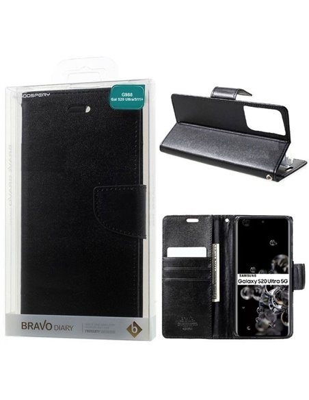 CUSTODIA per SAMSUNG GALAXY S20 ULTRA 5G (G988) - FLIP ORIZZONTALE SIMILPELLE CON INTERNO IN TPU E STAND NERO BRAVO BLISTER