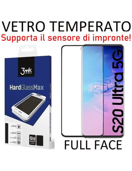 PELLICOLA per SAMSUNG S20 ULTRA 5G (G988) - VETRO TEMPERATO FULL FACE 9H, SUPPORTO SENSORE IMPRONTE CORNICE NERA 3MK