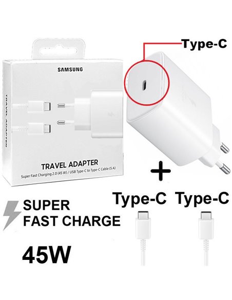 CARICATORE DA RETE 45W ORIGINALE SAMSUNG CON 1 PORTA TYPE-C (SUPER FAST CHARGING) + CAVO TYPE-C/TYPE-C BIANCO EP-TA845XWEGWW