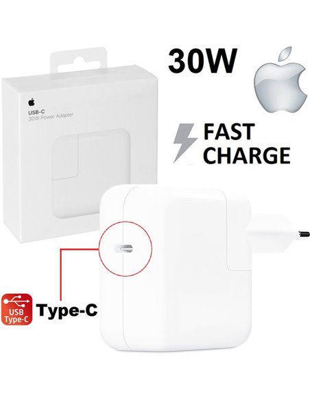 CARICATORE DA RETE 30W ORIGINALE APPLE CON 1 PORTA TYPE-C FAST CHARGING (RICARICA VELOCE) BIANCO MR2A2ZM/A A1882 BLISTER