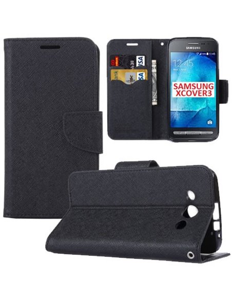 CUSTODIA FLIP ORIZZONTALE per SAMSUNG SM-G388F GALAXY XCOVER 3 CON INTERNO IN TPU SILICONE, STAND E PORTA CARTE COLORE NERO