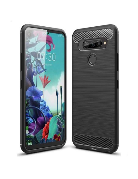 CUSTODIA per LG Q70, Q70 DUAL SIM - IN GEL TPU SILICONE EFFETTO METALLICO CON INSERTI IN FANTASIA CARBONIO COLORE NERO