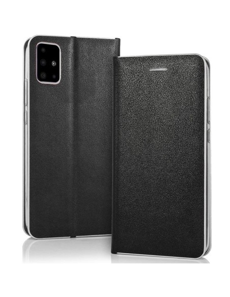 CUSTODIA per SAMSUNG GALAXY A71 (SM-A715) - FLIP ORIZZONTALE SIMILPELLE CHIUSURA MAGNETICA INVISIBILE NERO CON BORDO SILVER