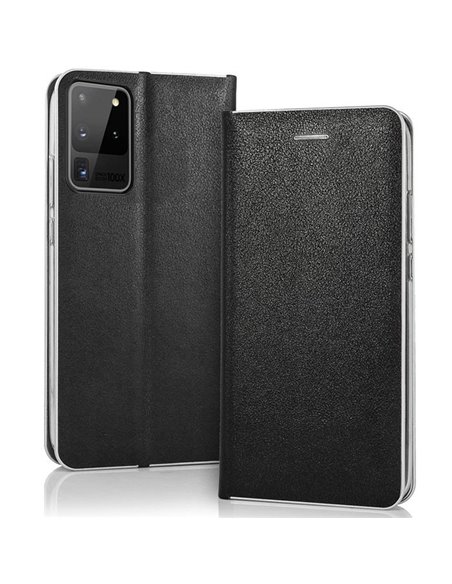 CUSTODIA per SAMSUNG GALAXY S20 ULTRA 5G (G988) - FLIP ORIZZONTALE SIMILPELLE CHIUSURA MAGNETICA INVISIBILE NERO CON BORDO SILVE