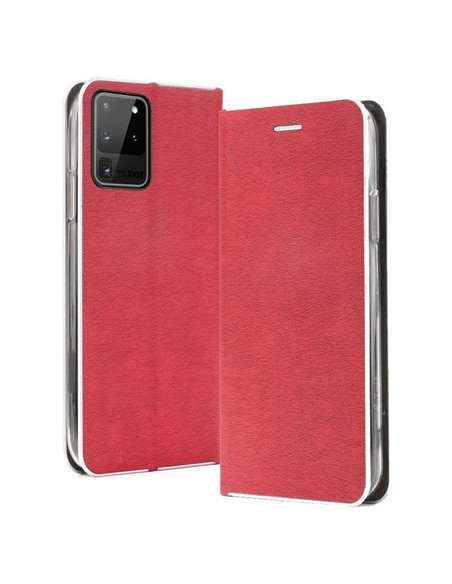 CUSTODIA per SAMSUNG GALAXY S20 ULTRA 5G (G988) - FLIP ORIZZONTALE SIMILPELLE CHIUSURA MAGNETICA INVISIBILE ROSSO CON BORDO SILV