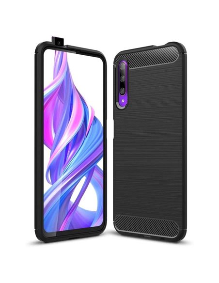 CUSTODIA per HUAWEI P SMART PRO (2019), Y9s, HONOR 9X PRO - IN TPU EFFETTO METALLICO CON INSERTI IN FANTASIA CARBONIO COLORE NER