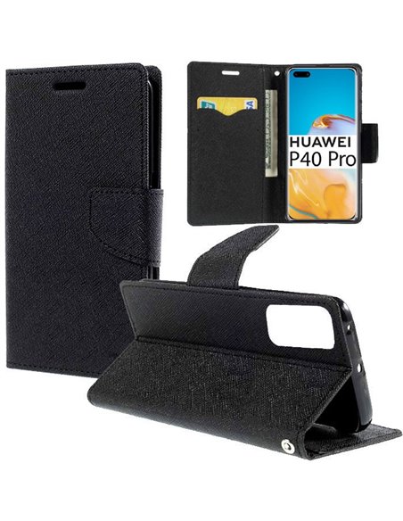 CUSTODIA per HUAWEI P40 PRO - FLIP ORIZZONTALE CON INTERNO IN TPU SILICONE, STAND E CHIUSURA MAGNETICA COLORE NERO
