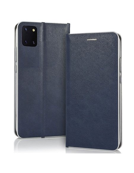 CUSTODIA per SAMSUNG GALAXY NOTE 10 LITE (N770) - FLIP ORIZZONTALE SIMILPELLE CHIUSURA MAGNETICA INVISIBILE BLU CON BORDO SILVER