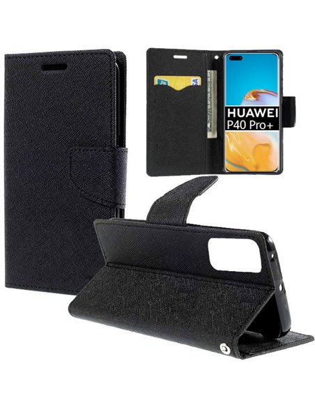 CUSTODIA per HUAWEI P40 PRO PLUS, P40 PRO PLUS (5G) - FLIP ORIZZONTALE CON INTERNO IN TPU, PORTA CARTE E CHIUSURA MAGNETICA NERO