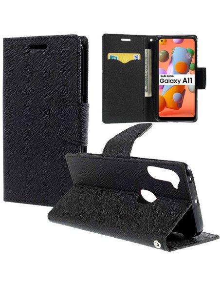 CUSTODIA per SAMSUNG GALAXY A11, GALAXY M11 - FLIP ORIZZONTALE CON STAND, INTERNO IN TPU SILICONE E PORTA CARTE COLORE NERO