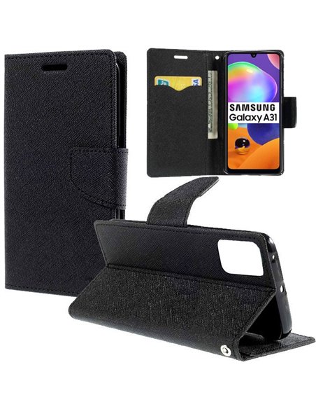 CUSTODIA per SAMSUNG GALAXY A31 (SM-A315) - FLIP ORIZZONTALE CON STAND, INTERNO IN TPU SILICONE E PORTA CARTE COLORE NERO