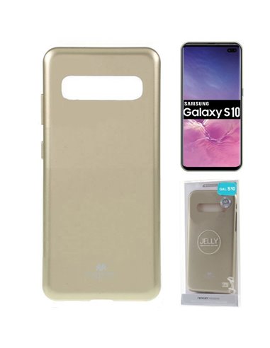 CUSTODIA per SAMSUNG GALAXY S10 (SM-G973) IN GEL TPU SILICONE COLORE ORO LUCIDO CON GLITTER ALTA QUALITA' MERCURY BLISTER