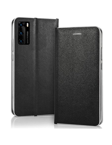 CUSTODIA per HUAWEI P40 - FLIP ORIZZONTALE SIMILPELLE CON CHIUSURA MAGNETICA INVISIBILE ED INTERNO IN TPU NERO CON BORDO SILVER