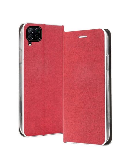 CUSTODIA per HUAWEI P40 LITE - FLIP ORIZZONTALE CHIUSURA MAGNETICA INVISIBILE, INTERNO IN TPU COLORE ROSSO BORDO SILVER