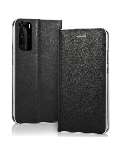 CUSTODIA per HUAWEI P40 PRO - FLIP ORIZZONTALE CHIUSURA MAGNETICA INVISIBILE, INTERNO IN TPU COLORE NERO BORDO SILVER