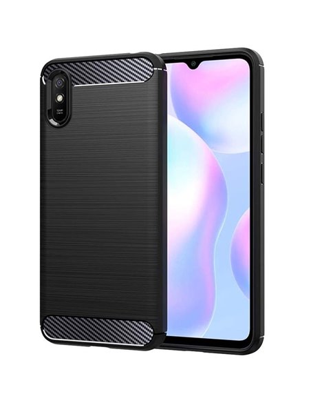 CUSTODIA per XIAOMI REDMI 9A, REDMI 9AT - IN GEL TPU SILICONE EFFETTO METALLICO CON INSERTI IN FANTASIA CARBONIO COLORE NERO