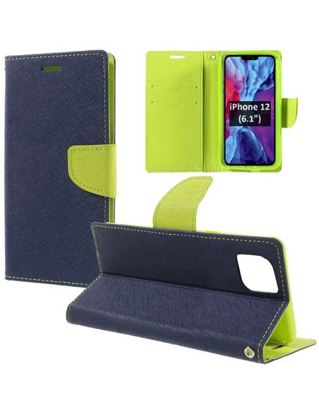 CUSTODIA per APPLE IPHONE 12, IPHONE 12 PRO (6.1') - FLIP ORIZZONTALE CON INTERNO IN TPU, STAND E TASCHE PORTA CARTE COLORE BLU