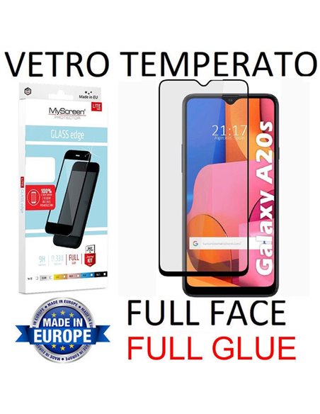 PELLICOLA per SAMSUNG GALAXY A20s (SM-A207) - VETRO TEMPERATO FULL FACE 9H - FULL GLUE 0,33mm CON CORNICE NERA MYSCREEN LITE