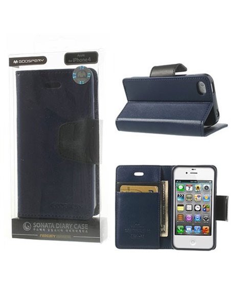 CUSTODIA FLIP ORIZZONTALE PELLE per APPLE IPHONE 4, IPHONE 4s CON INTERNO IN TPU E STAND COLORE BLU SONATA BLISTER