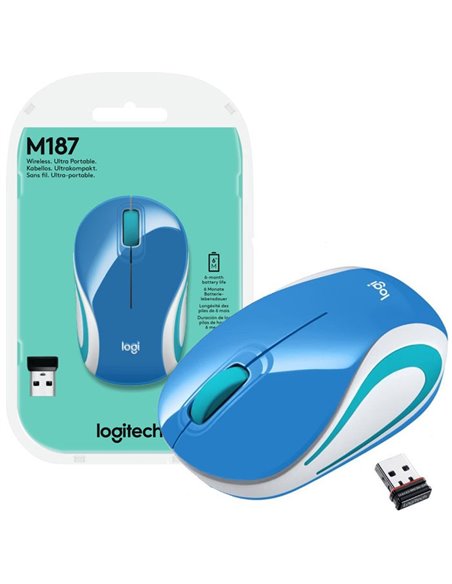 MINI MOUSE OTTICO WIRELESS 2.4GHz USB 2.0 M187 LOGITECH RISOLUZIONE 1000DPI E RAGGIO DI AZIONE 10 METRI BLU, BIANCO E GRIGIO