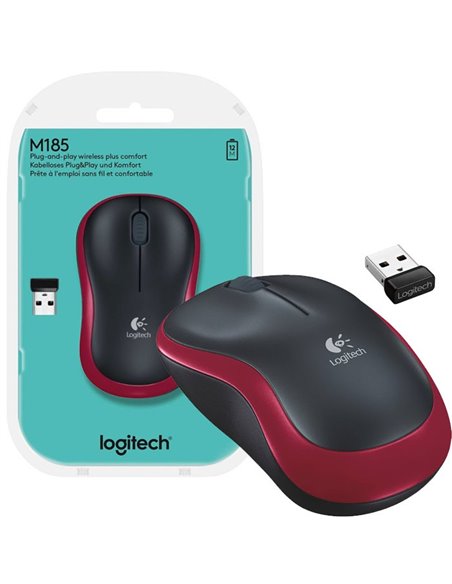 MOUSE OTTICO WIRELESS 2.4GHz USB M185 LOGITECH CON RAGGIO DI AZIONE 10 METRI 1000 DPI NERO E ROSSO 910-002237 BLISTER