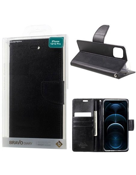 CUSTODIA per APPLE IPHONE 12, IPHONE 12 PRO (6.1') - FLIP ORIZZONTALE SIMILPELLE CON INTERNO IN TPU E STAND NERO BRAVO MERCURY