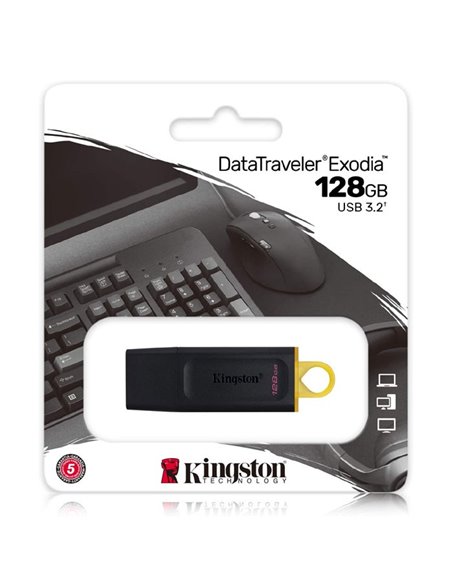 PEN DRIVE 128 GB USB 3.2 GEN 1, CAPPUCCIO DI PROTEZIONE USB COLORE NERO CON ASOLA DI AGGANCIO GIALLA KINGSTON EXODIA BLISTER