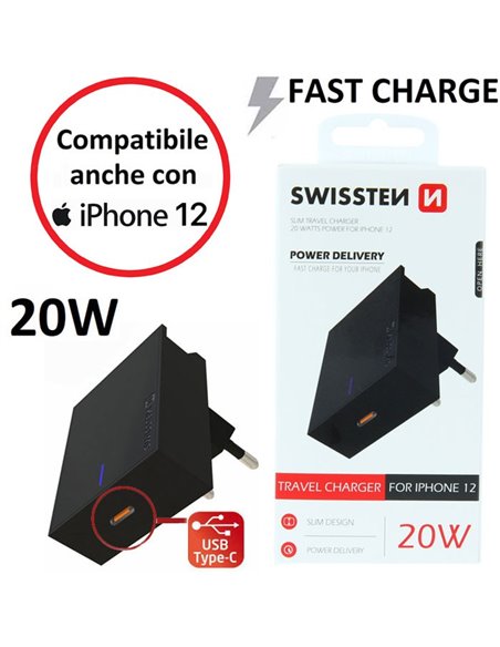 CARICATORE DA RETE 20W CON 1 PORTA TYPE-C (FAST CHARGING - RICARICA VELOCE) COLORE NERO 22050500 SWISSTEN BLISTER