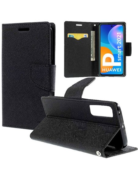 CUSTODIA per HUAWEI P SMART 2021, Y7a - FLIP ORIZZONTALE CON INTERNO IN TPU SILICONE, STAND E CHIUSURA MAGNETICA COLORE NERO