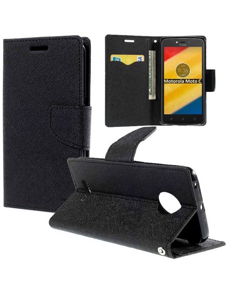 CUSTODIA per MOTOROLA MOTO C - FLIP ORIZZONTALE CON INTERNO IN TPU, STAND, PORTA CARTE E CHIUSURA MAGNETICA COLORE NERO