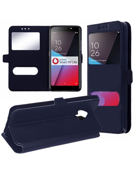 CUSTODIA per VODAFONE SMART N9 LITE - FLIP ORIZZONTALE SIMILPELLE CON INTERNO IN TPU, STAND E DOPPIA FINESTRA ID BLU SCURO