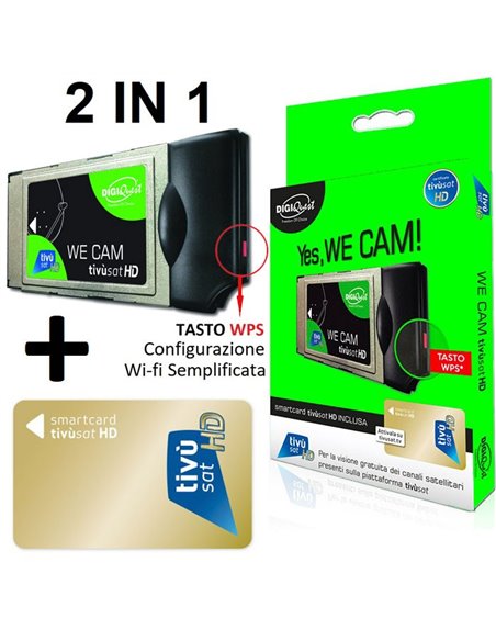 WE CAM WiFi + SMARTCARD TIVU' SAT HD PER TV DOTATI DI SLOT CI+, COMPATIBILE CON SERVIZI A PAGAMENTO DIGITALE TERRESTRE DIGIQUEST