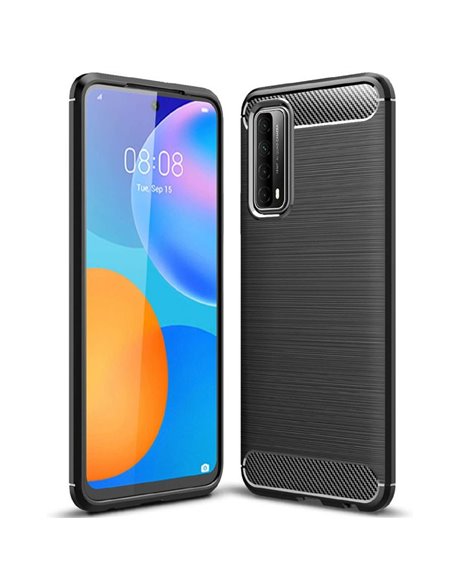 CUSTODIA per HUAWEI P SMART 2021, Y7a IN GEL TPU SILICONE EFFETTO METALLICO CON INSERTI IN FANTASIA CARBONIO NERO