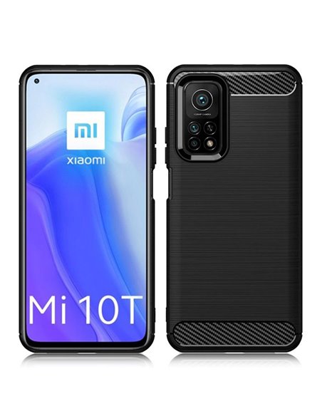 CUSTODIA per XIAOMI MI 10T 5G, MI 10T PRO 5G IN GEL TPU SILICONE EFFETTO METALLICO CON INSERTI IN FANTASIA CARBONIO COLORE NERO