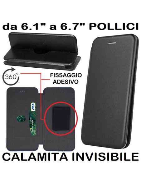 CUSTODIA FLIP ORIZZONTALE UNIVERSALE CON FISSAGGIO ADESIVO, CHIUSURA MAGNETICA INVISIBILE E ROTAZIONE 360Â° - 167x79mm NERA