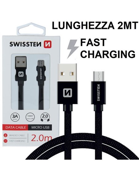 CAVO MICRO USB IN TESSUTO CON SUPPORTO FAST CHARGING 3A - LUNGHEZZA 2 MT COLORE NERO SWISSTEN 71522301 BLISTER