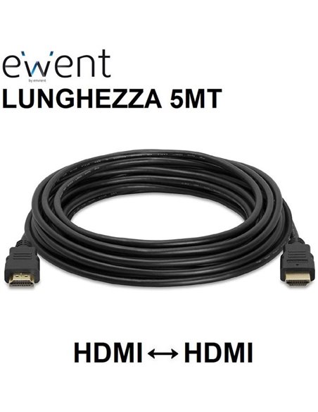 CAVO HDMI MASCHIO / HDMI MASCHIO 19 PIN CON ETHERNET 3D 4K ULTRA HD 30HZ CON CONNETTORI PLACCATI ORO - LUNGHEZZA 5MT NERO EWENT