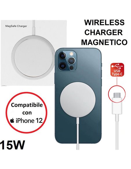 ALIMENTATORE WIRELESS MAGNETICO 15W COMPATIBILE CON APPLE IPHONE 12 E DISPOSITIVI DOTATI DI TECNOLOGIA QI BIANCO E SILVER