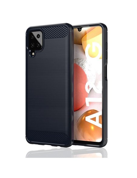 CUSTODIA per SAMSUNG GALAXY A12 (A125F), M12 (M127F) IN GEL TPU SILICONE EFFETTO METALLICO CON INSERTI IN FANTASIA CARBONIO NERO