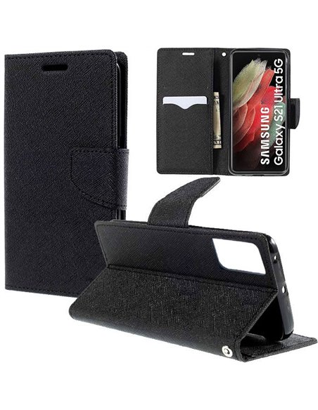 CUSTODIA per SAMSUNG GALAXY S21 ULTRA 5G (G998B) - FLIP ORIZZONTALE CON STAND, INTERNO IN TPU SILICONE E PORTA CARTE COLORE NERO