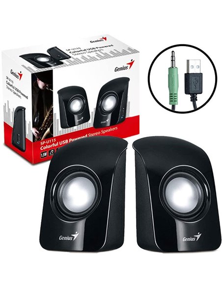 CASSE ACUSTICHE USB GENIUS SP-U115 PER PC CON CONNETTORE JACK 3,5mm E POTENZA 3 WATT (1.5Wx2) COLORE NERO BLISTER