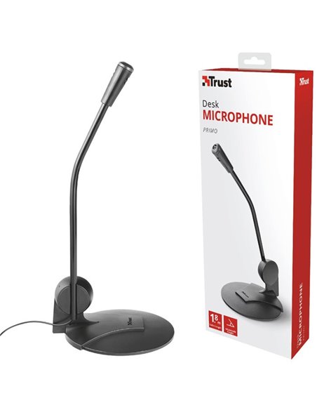 MICROFONO PRIMO CON FILO LUNGHEZZA 1.8 MT, SUPPORTO DA TAVOLO, ATTACCO JACK 3,5MM NERO TRUST BLISTER