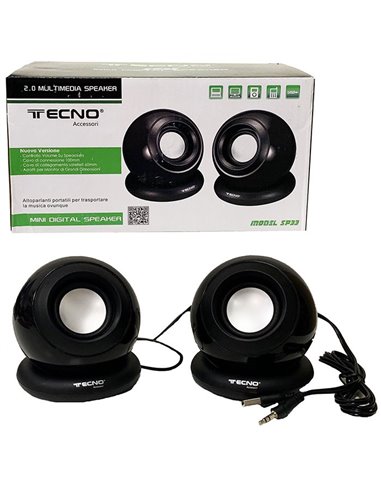CASSE ACUSTICHE TECNO SP33 PER PC CON CONNETTORE JACK 3,5mm, ALIMENTAZIONE USB E POTENZA 5 WATT COLORE NERO BLISTER