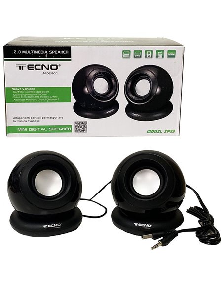 CASSE ACUSTICHE TECNO SP33 PER PC CON CONNETTORE JACK 3,5mm, ALIMENTAZIONE USB E POTENZA 5 WATT COLORE NERO BLISTER