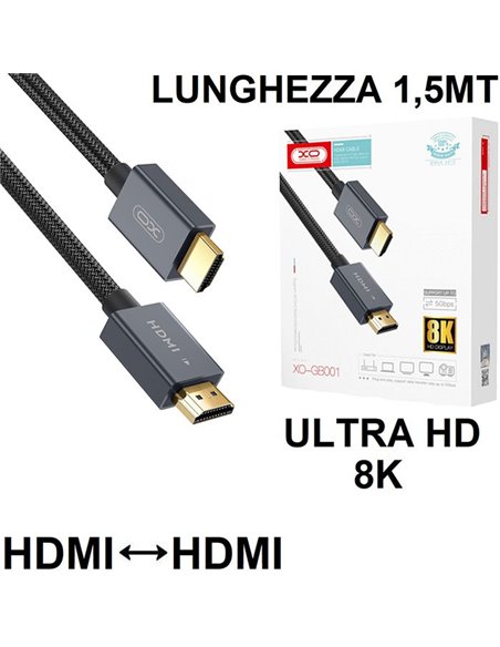 CAVO HDMI MASCHIO / HDMI MASCHIO 19 PIN VERSIONE 2.1 3D 8K ULTRA HD 60HZ CONNETTORI PLACCATI ORO - LUNGHEZZA 1,5MT NERO XO